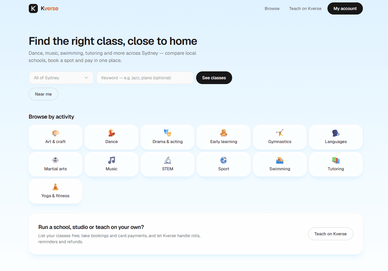Kverse home page: search for classes across Sydney and browse by activity